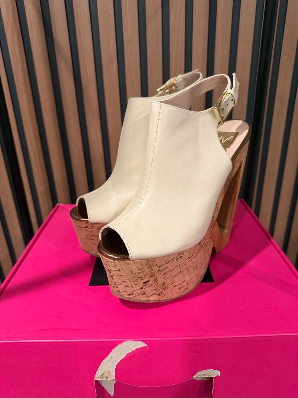 DV by Dolce Vita Cream Peep-Toe Cork Platform Slingback Heels